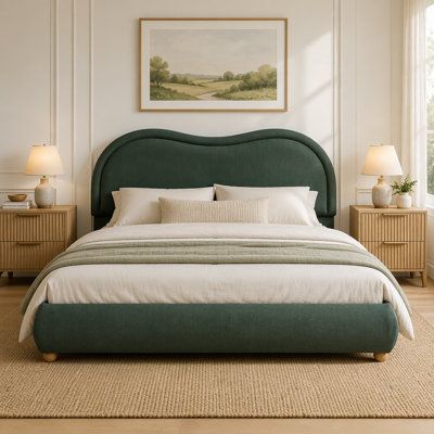 Upholstered Platform Bed with Curved Headboard & Rounded Corners, Chenille Fabric Bed Frame with Wood Slats and Solid Oak Legs, No Box Spring Required