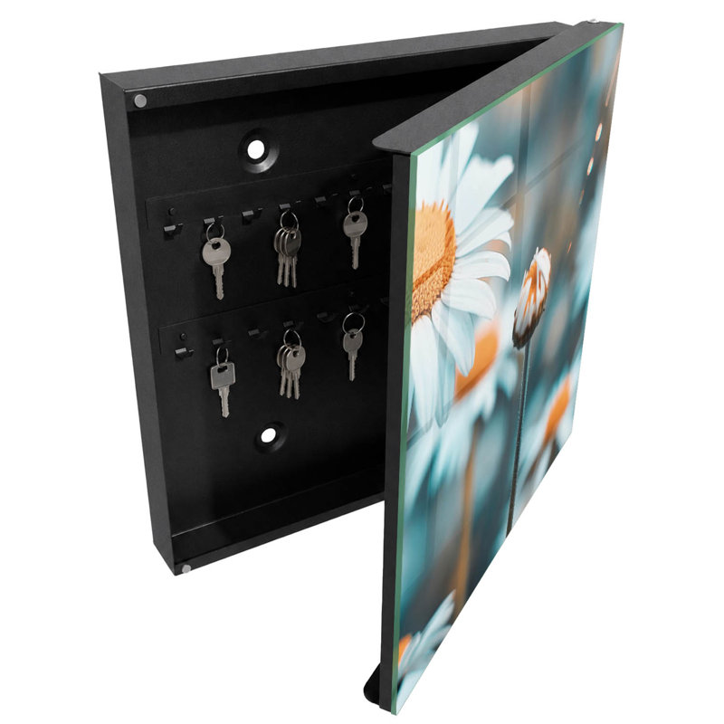 Wall mounted key box, Opens to the right, 30x30x5, White, Pastel daisies and a blurred background, 