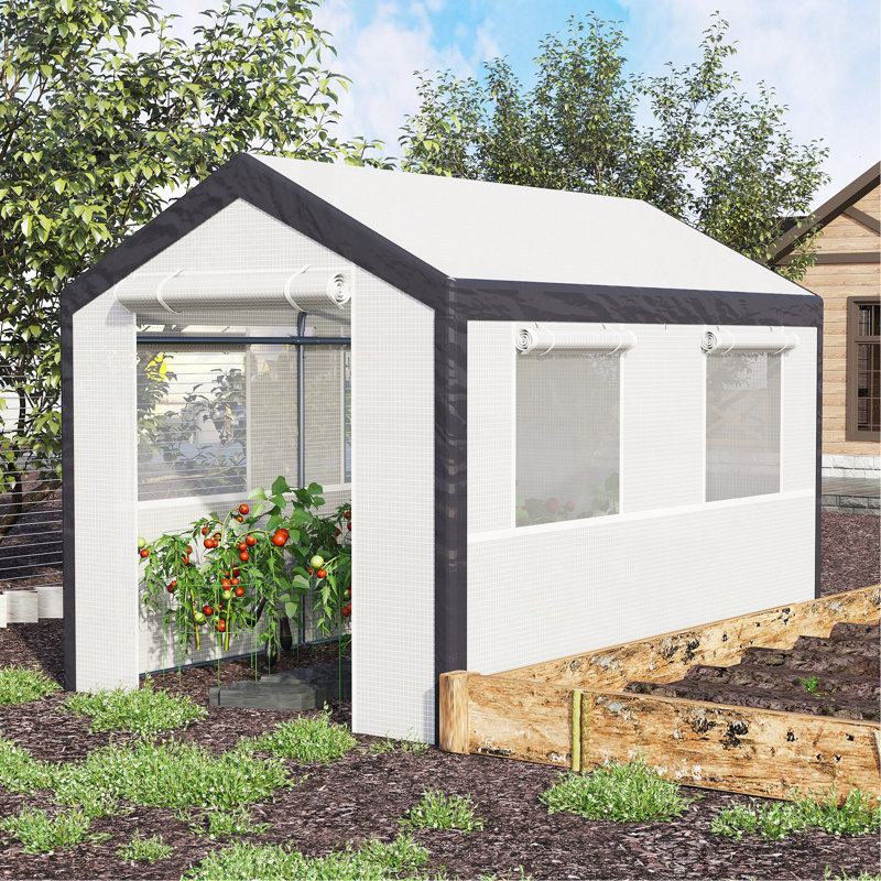 10' X 7' X 7' Walk-In Greenhouse, Outdoor Garden Warm Hot House With 4 Roll-Up Windows, 2 Zippered Doors And Weather Cover, White