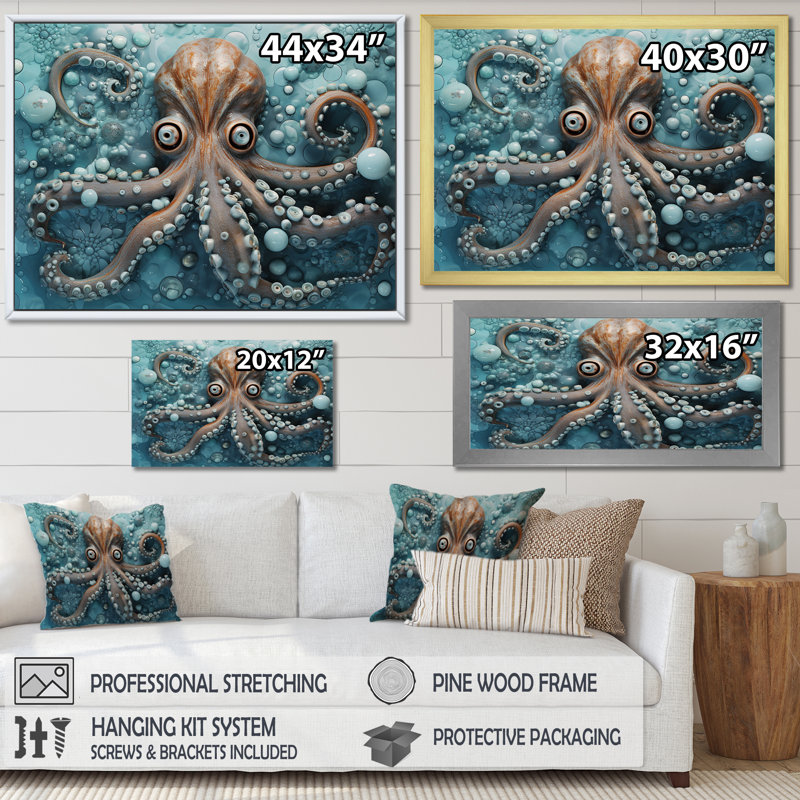 Amatul " Portrait Of Mystical Octopus Painting ", Black Single Picture Frame, 12" H x 20" W x 1" D