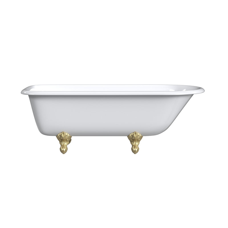 61'' L Freestanding Soaking Bathtub, Polished Brass, White Interior with White Exterior