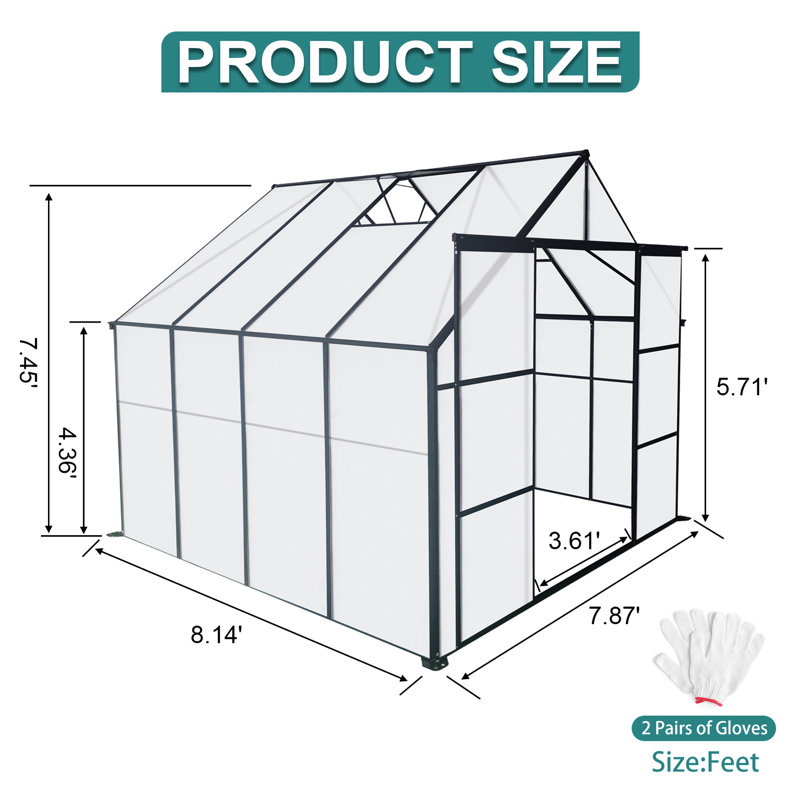 Serre 8 x 8 pi avec base galvanisée - Toit réglable toutes saisons Plant House
