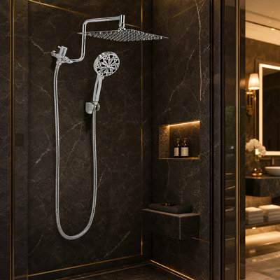 Pomme de douche à pluie haute pression combinée - Système de douche double 12 pouces avec douchette - 10 modes de pulvérisation - Finition chromée - Bras d'extension en forme de L - Hauteur réglable - Tringle d'extension supérieure en forme de L