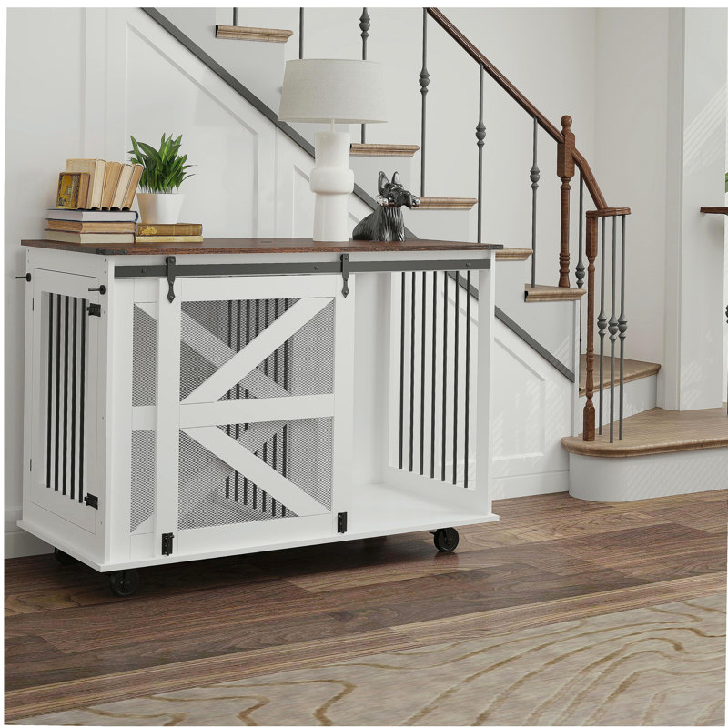 Caisse mobile pour chien 47,2 po avec porte à rabattement, système d'accès double et 5 roulettes (2 verrouillables), crochets latéraux - chenil multifonctionnel pour animaux de compagnie, double cage pour chien