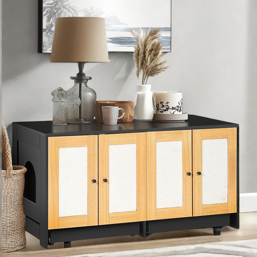 Double Litter Box Enclosure For 2 Cats With Rattan Doors And Drawing Design Tucker Murphy Pet™