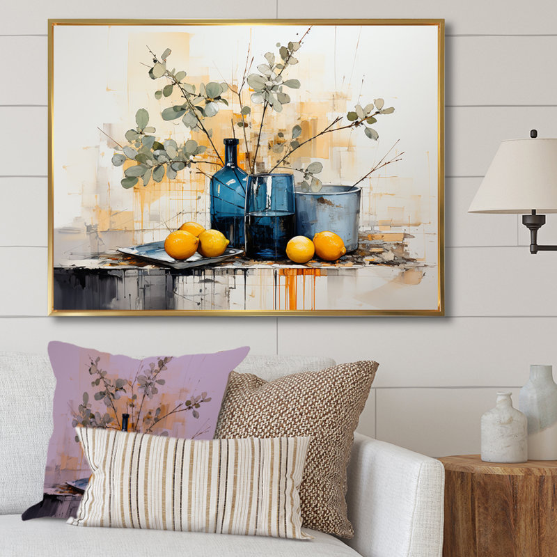 Bleu et jaune agrume Boho Pottery I - Boho Pottery, art mural, H 12 po x l 20 po x P 1 po, Cadre flottant doré