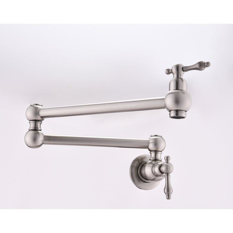 Wall Mounted Pot Filler In Brushed Nickel, Facilitates Rapid And Efficient Filling, Double Handles For Precise Water Output Control, Surface Layer Mount Faucet Provide Stable Flow, Corrosion Finish,
