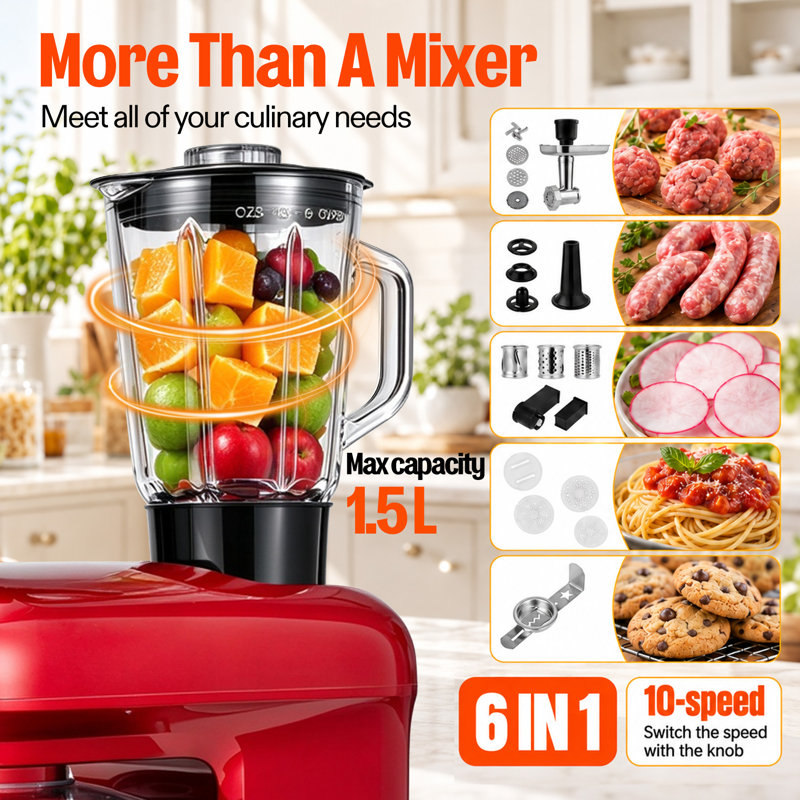 8.5-Quart 10-Speed 6-in-1 Multifunctional Electric Stand Mixer, Red