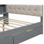Lit plateforme double en bois avec tablettes de rangement, tiroirs, station de charge et tête de lit tapissier, gris