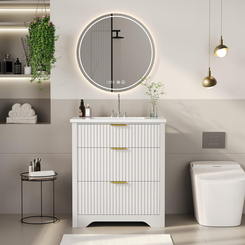 Fluted Bathroom Vanity with Sink, Farmhouse Freestanding Bathroom Sink Cabinet, White, 30"