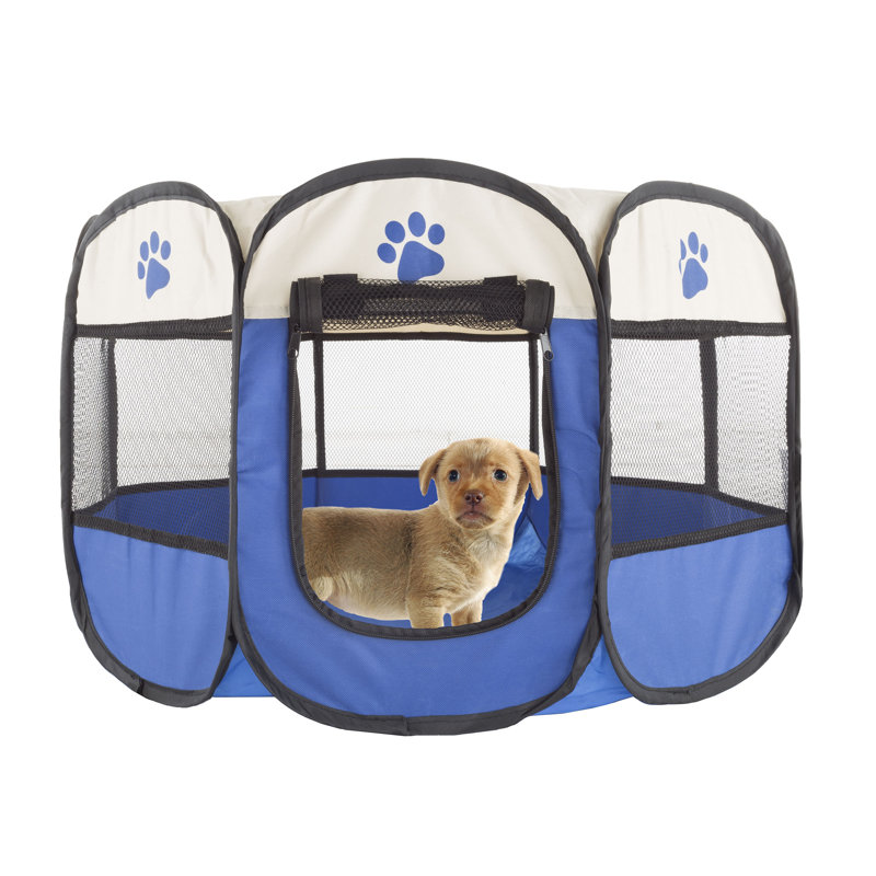 Blue & Tan Portable Plastic Pet Playpen with Carrying Case