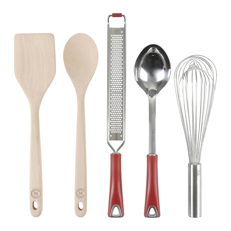 Red 10-Piece Wood and Silicone Kitchen Tool Set with Ceramic Crock