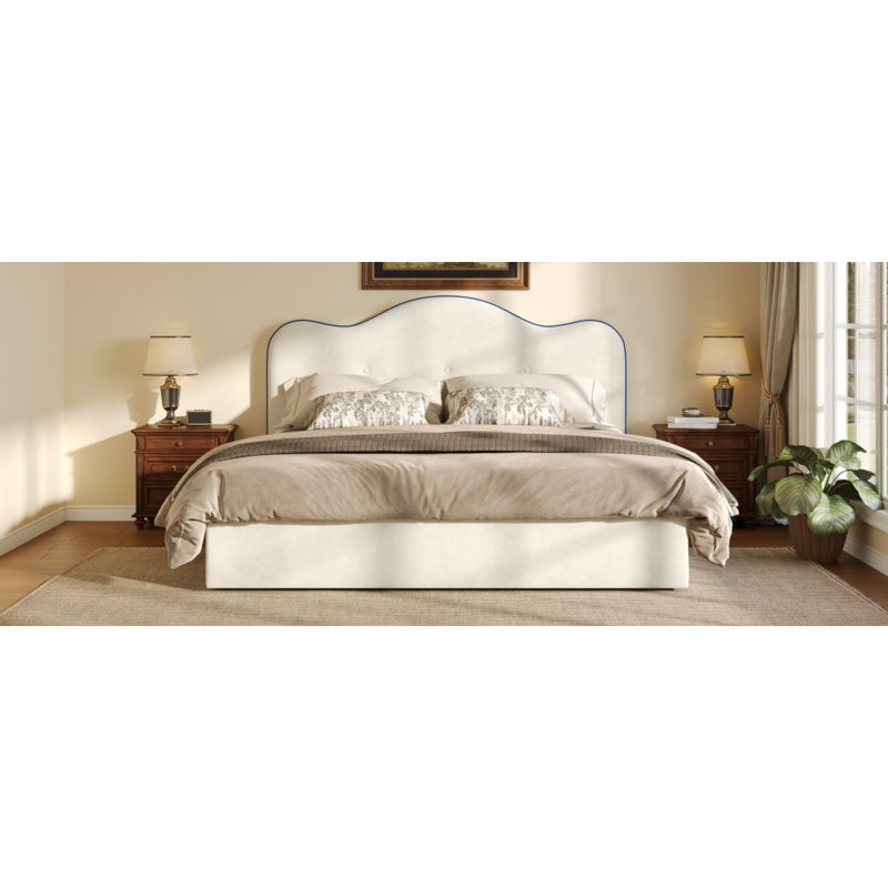 Grand lit plateforme tapissier, beige, Queen