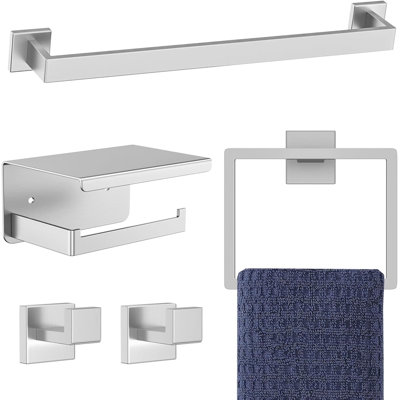 Brushed Nickel Bathroom Hardware Set, 16-Inch Towel Bar With Towel Ring, Toilet Paper Holder And Hooks, Stainless Steel Wall-Mounted Bathroom Accessories Kit For Bath, Laundry, And Kitchen