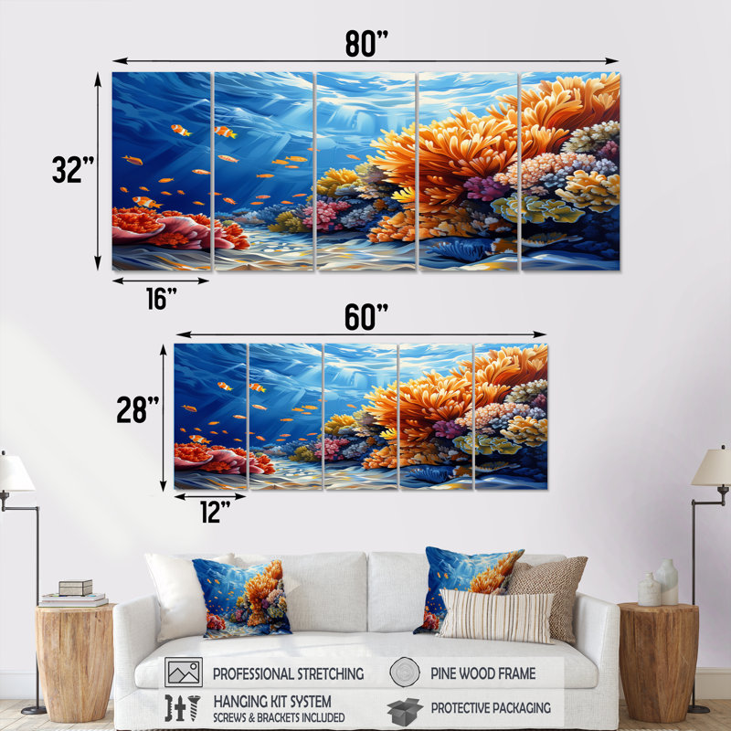 Ensemble d'art sur toile corail brun et bleu grande barrière de corail II, H 32 po x l 80 po