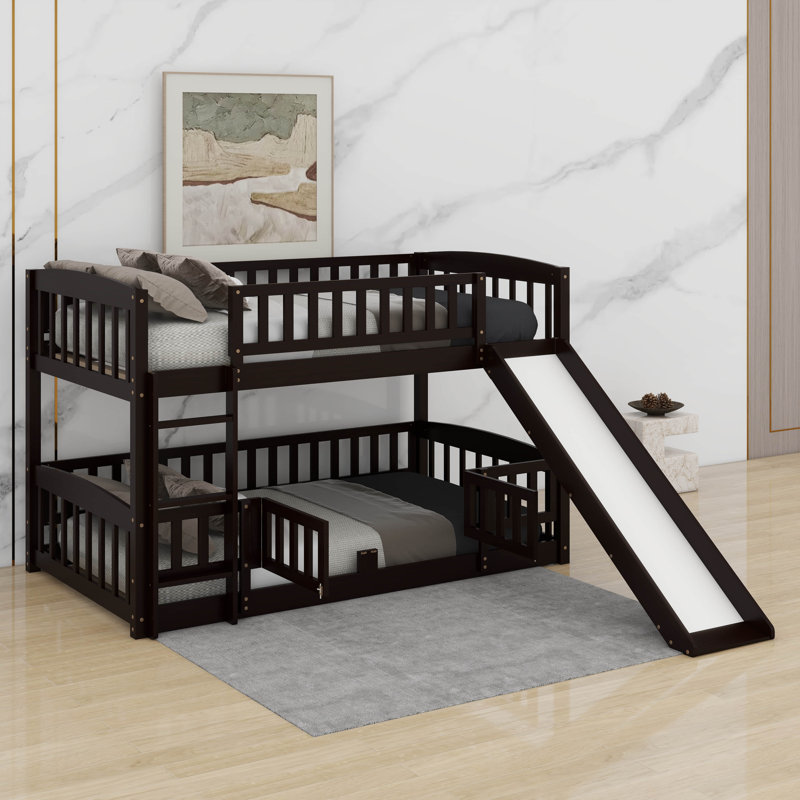 Lit superposé simple au-dessus de simple avec clôture, échelle et glissoire pour enfants adolescents, Espresso