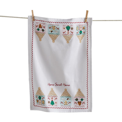 Gingerbread House Embroidered Dishtowel White Cotton Christmas