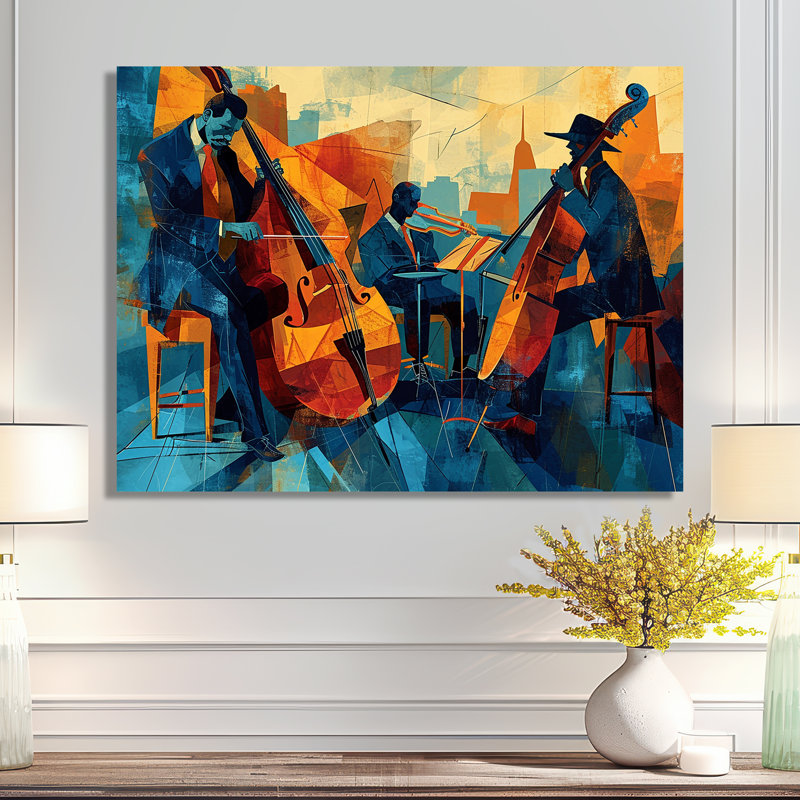 Jazz Silhouettes rétro bleu et brun - art mural musicien, Métal métal, H 24 po x l 32 po x P 1 po