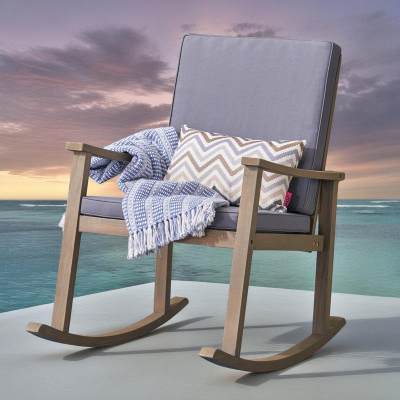 Patio Acacia Wood Rocking Chair - Coastal-Inspired Design with Removable Cushions?, Gray, Gray Wood