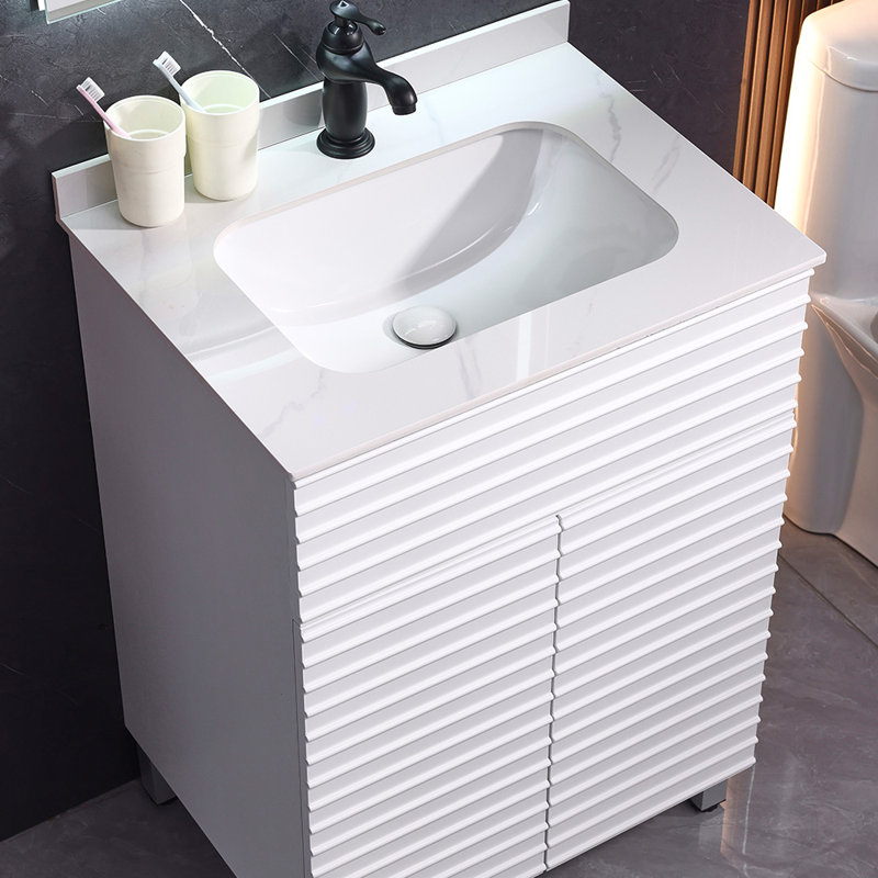 Meuble-lavabo moderne 24 po Mid-Century avec lavabo et rangement intégrés - Finition grain de bois blanc