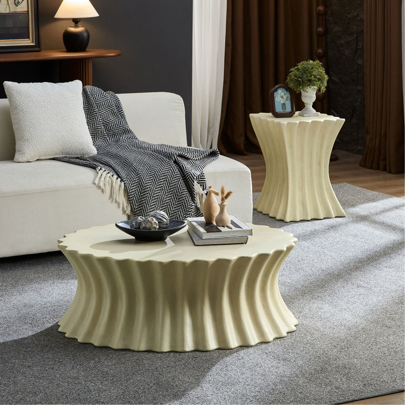 Table basse 34,31 po + 15,16 po en fibre de verre beige, design rétro, structure, sans assemblage, convient au salon, style et usure, assemblage requis
