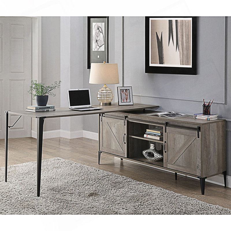 L-Shape Writing Desk With Cabinet, Gray/Black