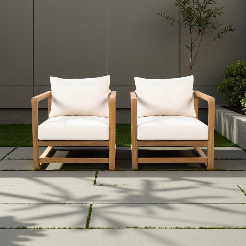 Méridienne d'extérieur, fauteuil club en bois d'acacia, siège surdimensionné avec ensemble de coussins blancs