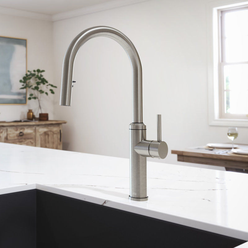 Robinet de cuisine à poignée simple KALIA, douchette double - ENORA Diver, Acier inoxydable PVD