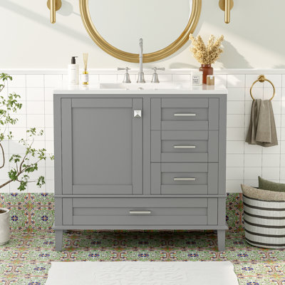 Meuble-lavabo 36 po avec cadre en pin massif, 1 porte à fermeture douce et 3 tiroirs