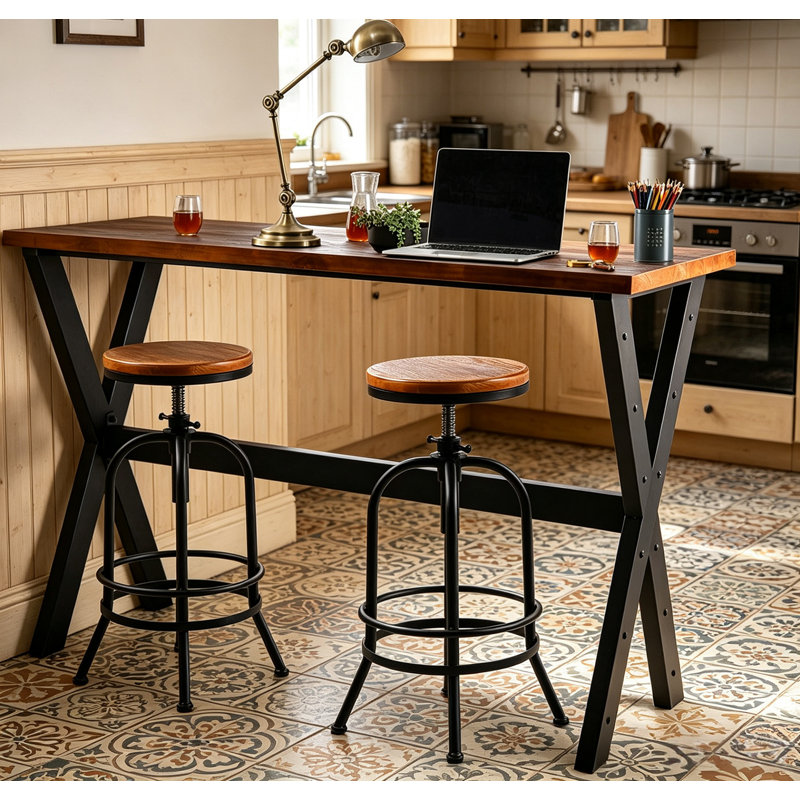 3-Piece Table & Chairs Set,  Bar Dining Cafe Pub Party, Industrial Black Metal & Rustic Brown Wood, X-Leg Rectangular Table, 2 Swivel Adjustable Barstools
