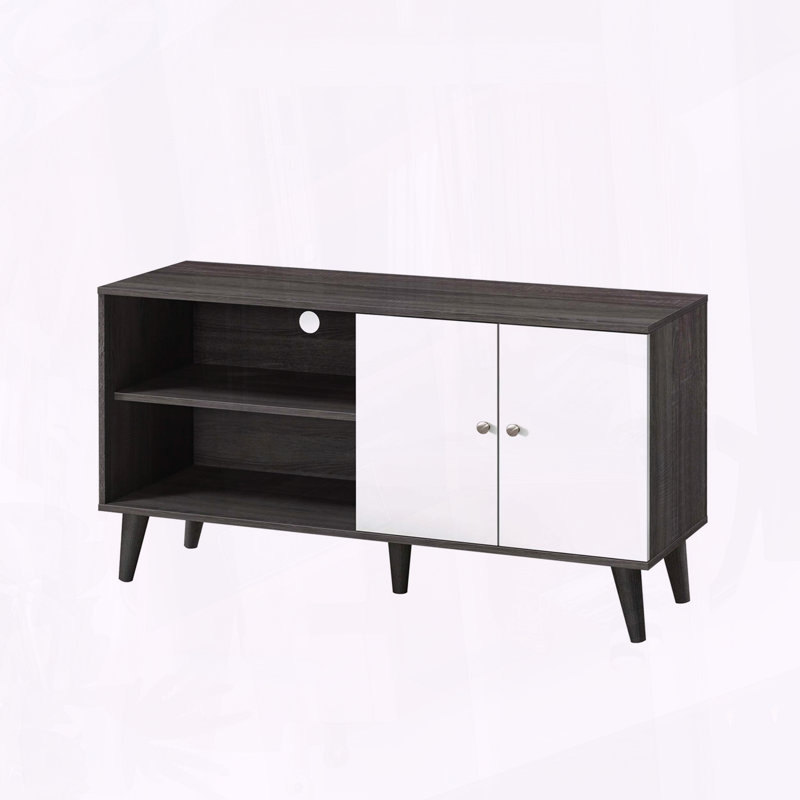 Meuble télé Mid-Century moderne avec armoire de rangement pour téléviseur de 47,3 po ou moins en gris foncé et blanc