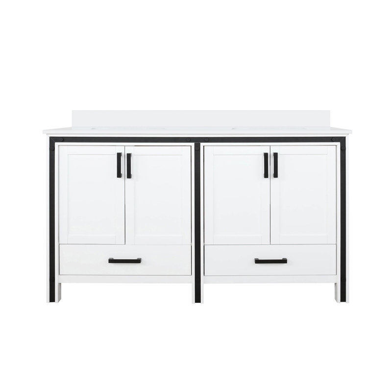 Meuble-lavabo double l 60 po x P 22 po avec comptoir en quartz blanc, Blanc