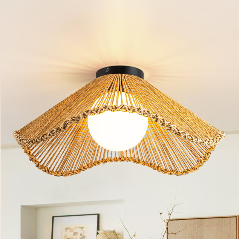 Luminora Handwoven Rattan Boho Glass Flush Mount Ceiling Light