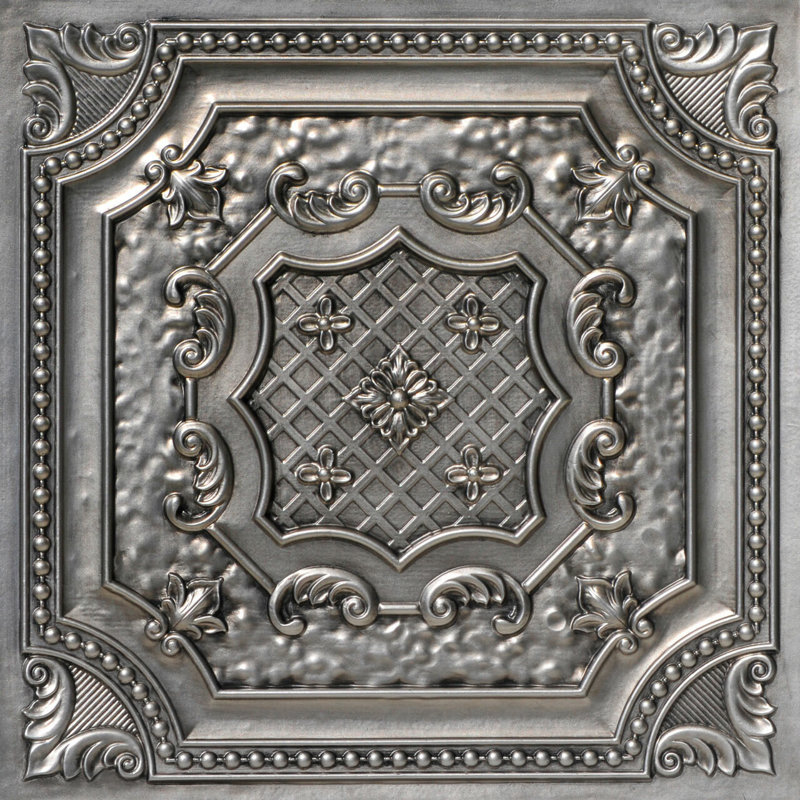 Pavillon élisabéthain de 2 pi x 2 pi Tuile de plafond à poser ou à coller, Argent vieilli