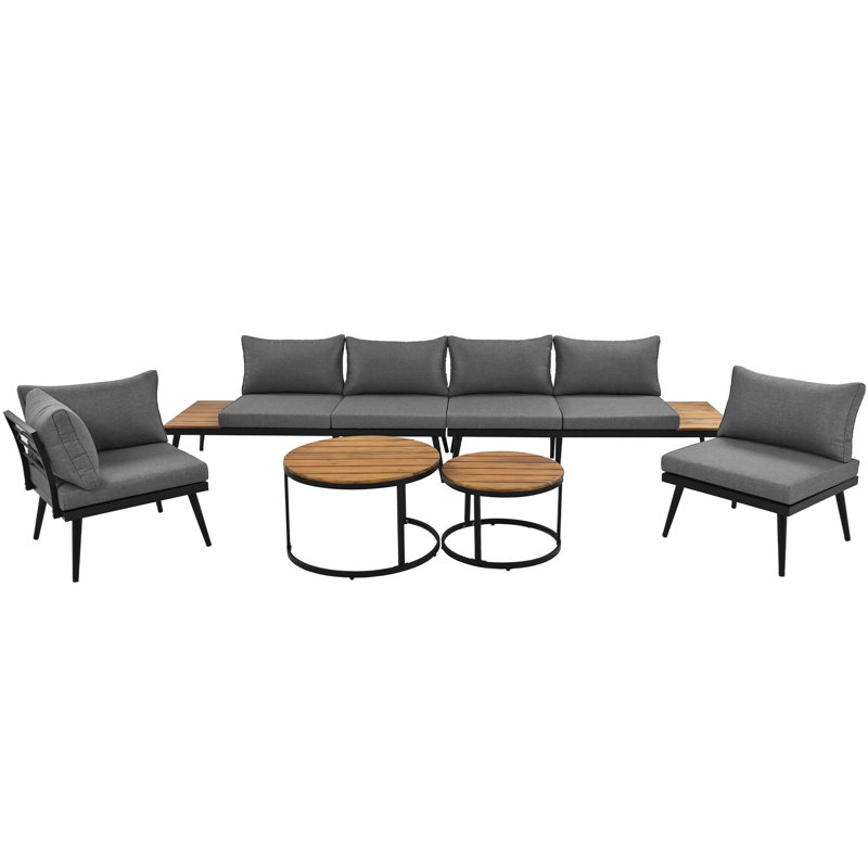5-6 Seater Outdoor Garden Lounge Set | Galvanized Iron Frame, 2×2-Seater Sofas + 2 Single Chairs + 2 Acacia Wood Side Tables with 8cm Detachable Cushions