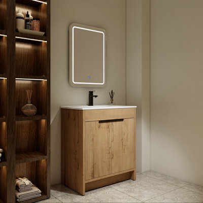 Ceramic Sink Vanity with Soft-Close Doors and Oak Finish