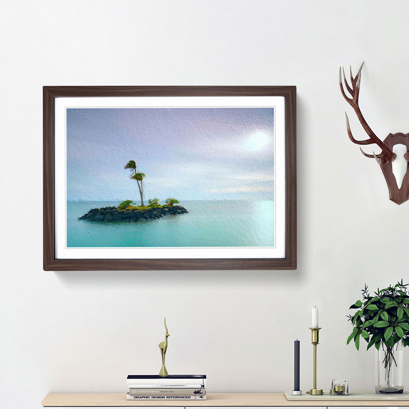 Kahala Beach Island in Honolulu Hawaii - Picture Frame Painting Print, 27cm H x 36cm W x 2cm D, Walnut Framed