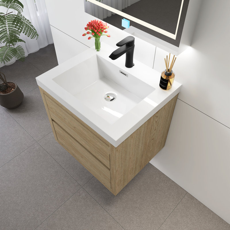 Meuble-lavabo mural 24 po avec lavabo, Chêne, bois naturel
