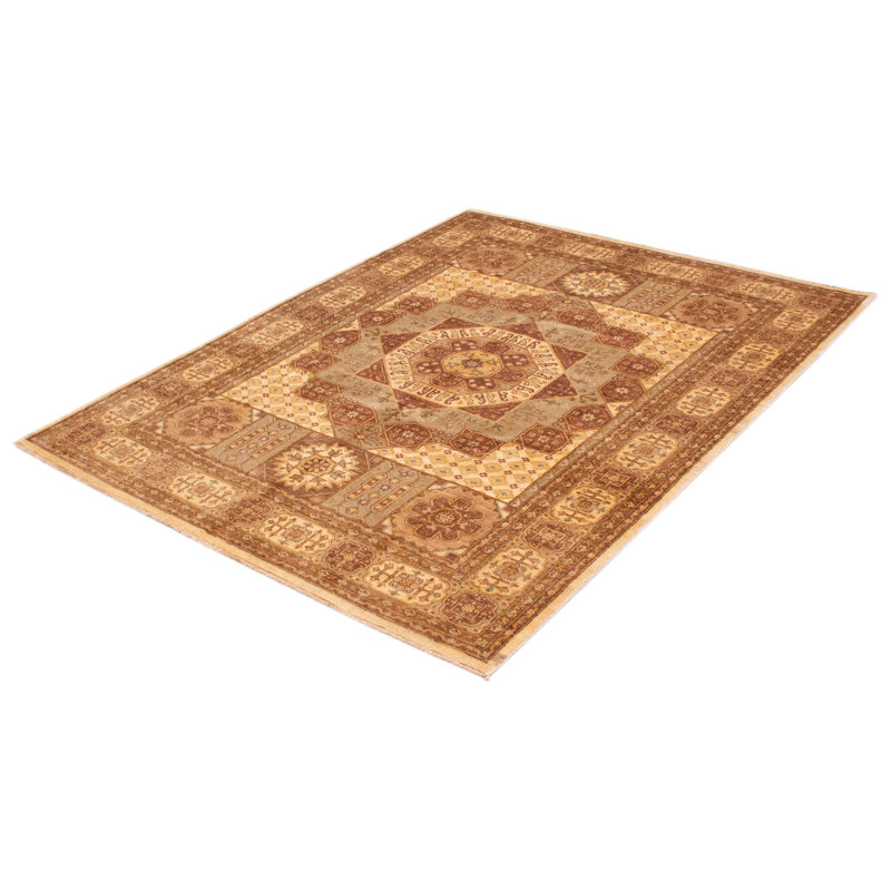 Tapis unique en laine noué à la main 8 pi x 10 pi New Age de couleur crème / brun / kaki Ecorse