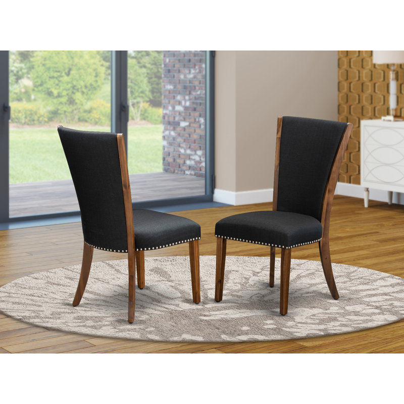 Verona Parson Dining Chairs - Nailhead Trim Black Color Linen Fabric Upholstered Chairs, Set of 2, Walnut, Black