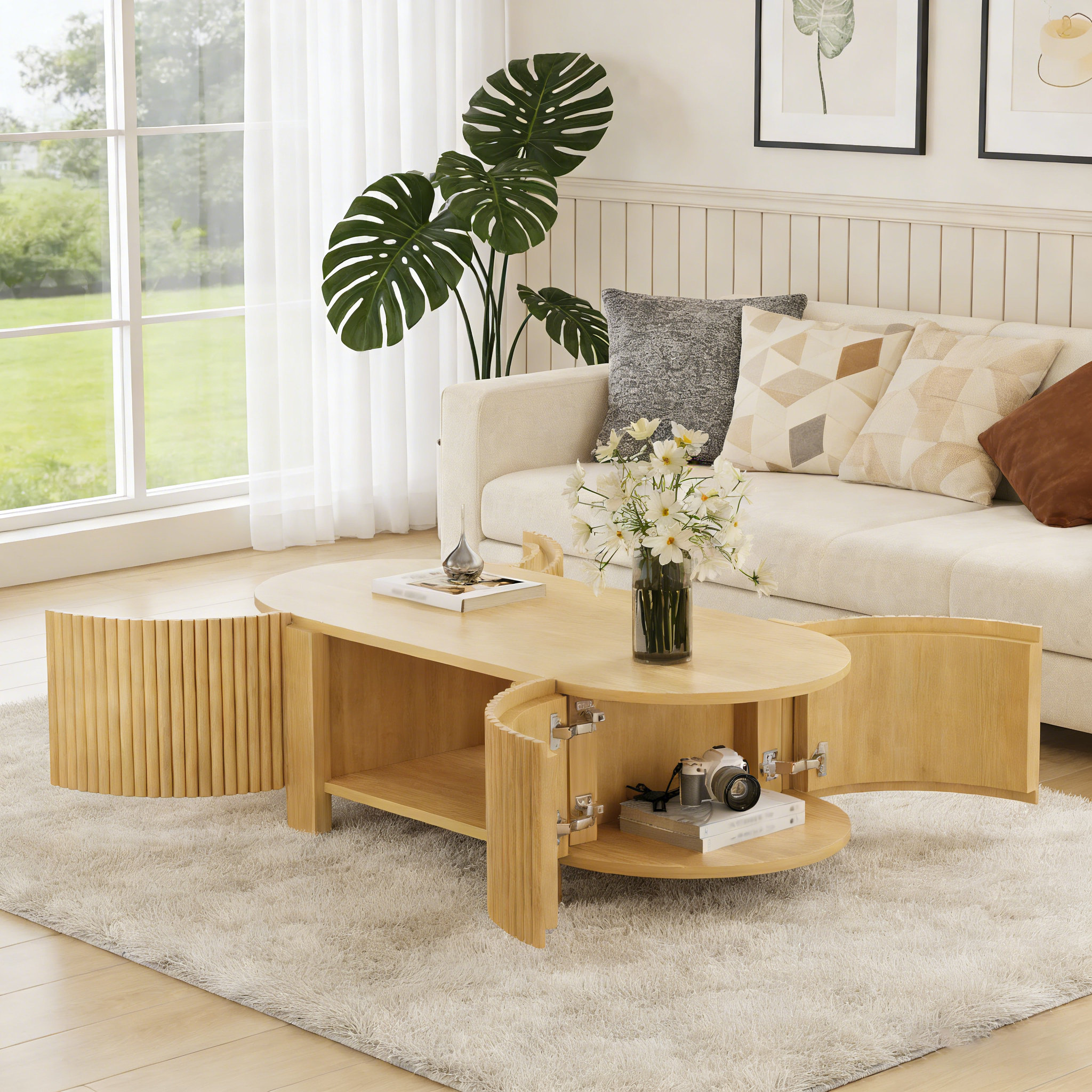 Latitude Run® Oval Fluted Coffee Table with Storage And Shelf - Wayfair ...