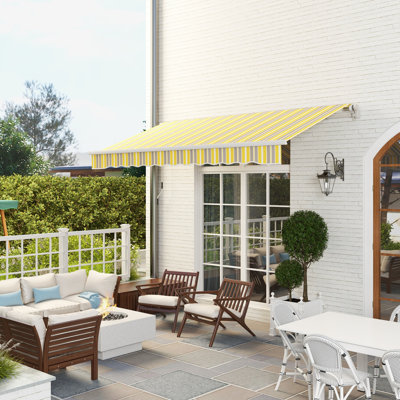 Auvent 12 pi x 10 pi pour patio. Pare-soleil rétractable avec manivelle. 280G / M et eau - tissu. Cadre en aluminium. Auvent de terrasse jaune et gris. Tissu pour abri, terrasse pour balcon.