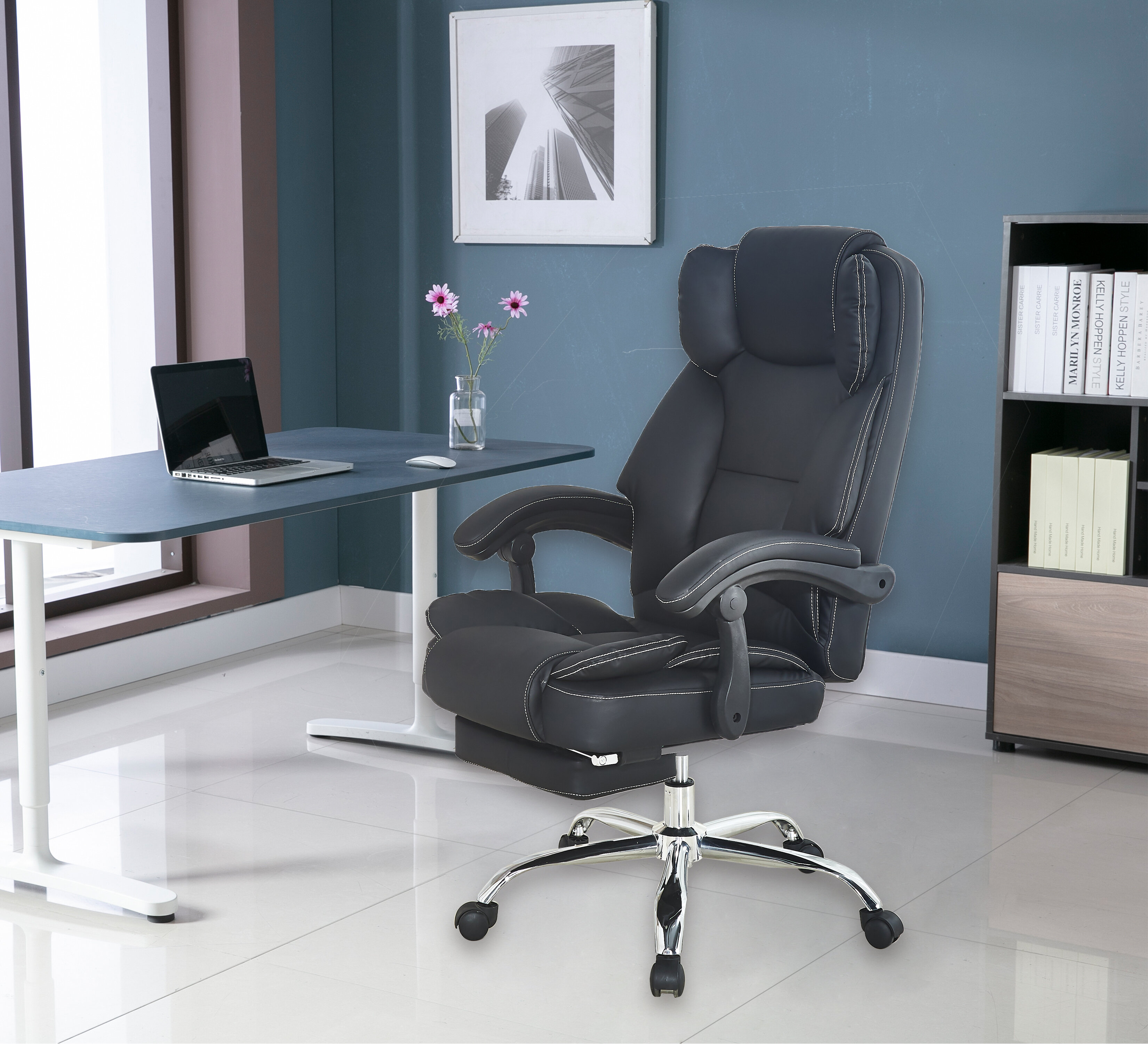 Montes Jett Executive Office Chair, Reclining Backrest, Retractable Footrest The Twillery Co. Upholstery Color: White