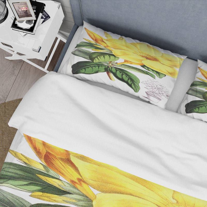 Fleurs tropicales jaunes avec feuilles vertes II - ensemble de housse de couette traditionnel - microfibre de polyester