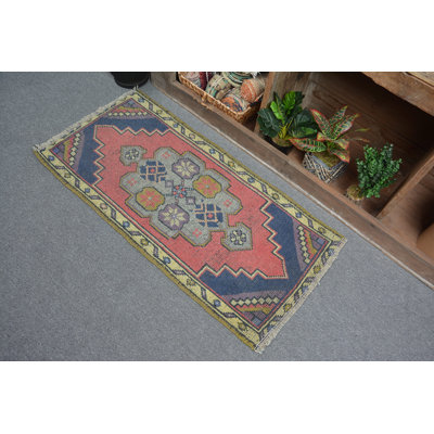 Blue Geometric Rug, Bedroom Rugs, Vintage Rugs, Antique Rugs, 1.8x3.6 ft Small Rugs, Turkish Rug