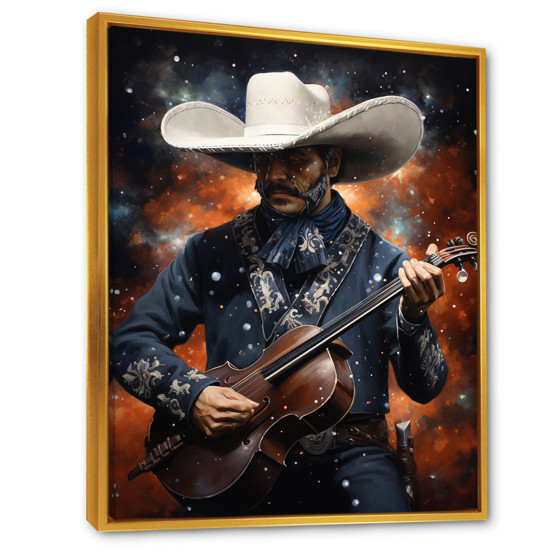 Mariachi, mélodie, guitare - art mural mexicain, Cadre flottant doré, H 32 po x l 16 po x P 1 po
