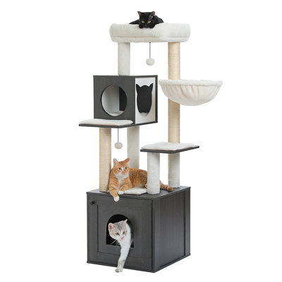 Arbre à chat avec grand bac à litière, tour à chat en bois pour chats d'intérieur avec armoire de rangement et condo confortable pour chat, poteau à griffes recouvert de sisal et boules suspendues remplaçables