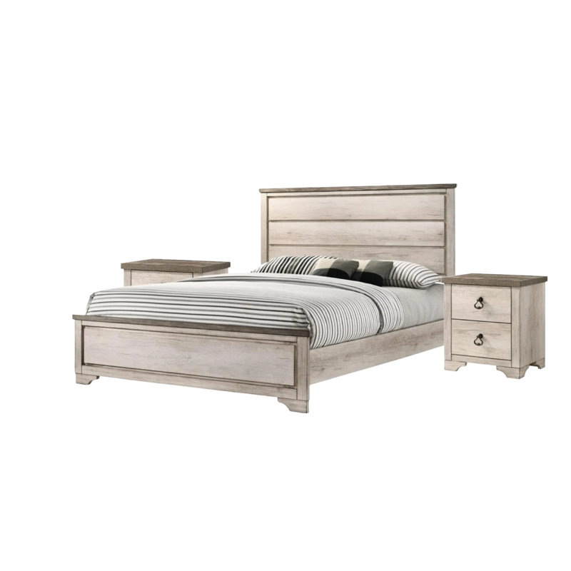 Cadre de lit double moderne avec finition en bois flotté brun vieilli, conception de chalet pour chambre à coucher transitionnelle, décor
