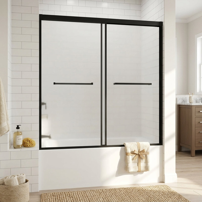 Porte de douche coulissante double en aluminium sans cadre, 152 cm (L) x 157 cm (H), avec rail à fermeture douce et silencieuse, seuil anti-fuite, installation facile en 30 minutes, pour douche à l'italienne