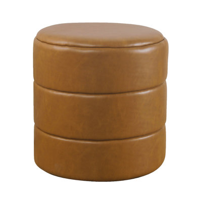 Sem Round Accent Ottoman, Brown Channel Tufted Faux Leather 18 Inch